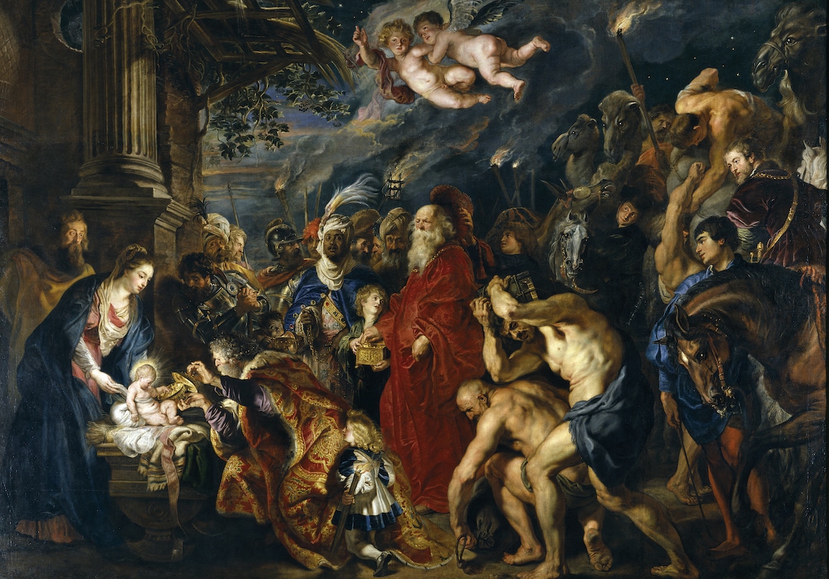 Cuadro detallado de los Magos visitando la Sagrada Familia después del nacimiento de Jesús.