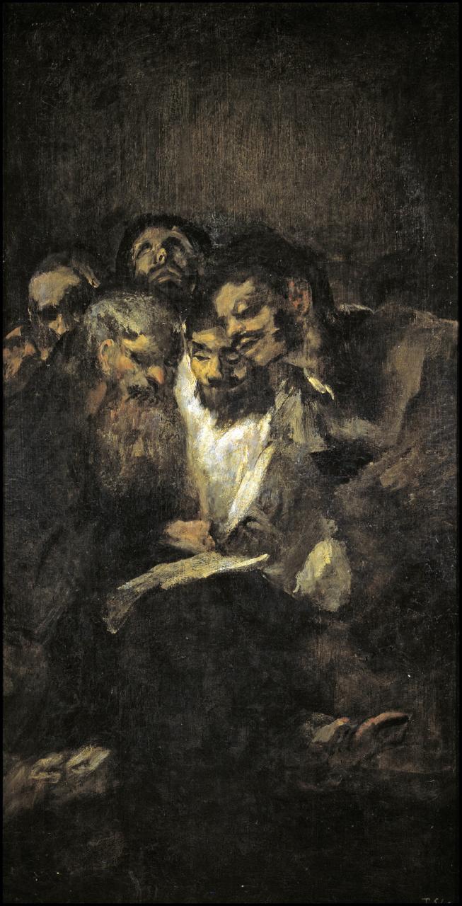 Óleo sobre lienzo de un grupo de hombres leyendo de Goya.