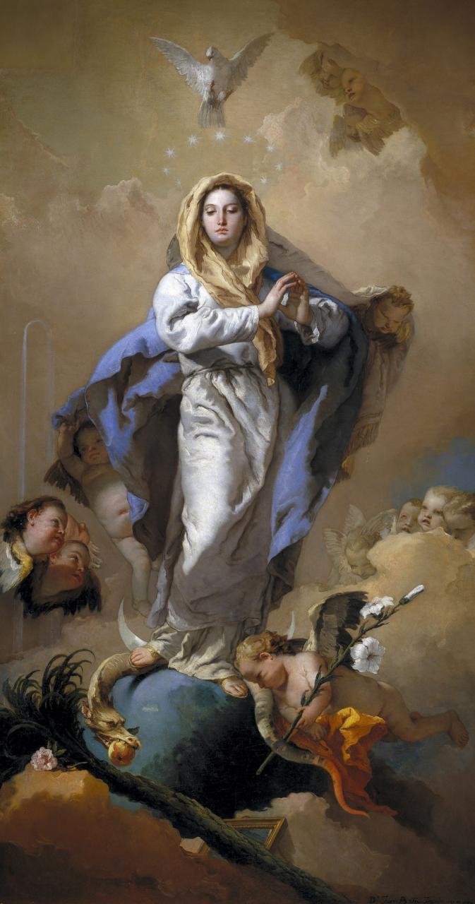 Óleo sobre lienzo de la Virgen María rodeada de ángeles