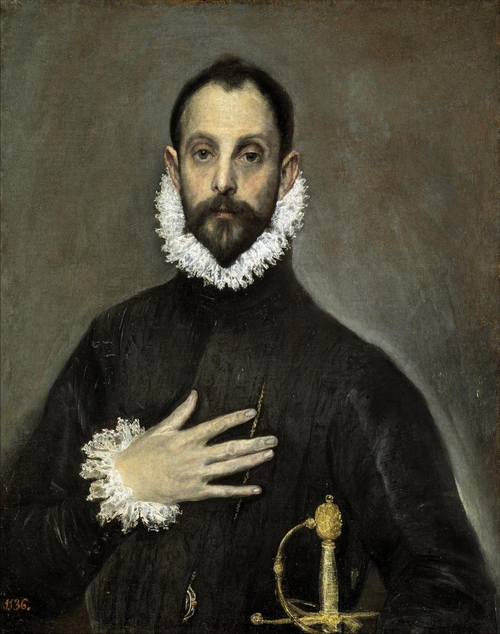 Óleo sobre lienzo Retrato de El Greco de un noble del siglo XVI con la mano en el pecho.